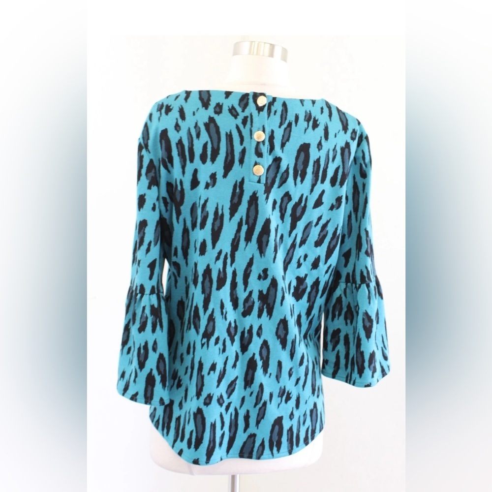 Tyler Boe Women's Teal Black Leopard Print Knit Bell Sleeve Top - Picture 4 of 6